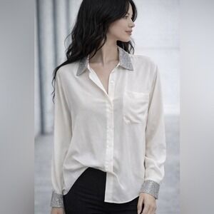 MANUEL DEL REI Silk Embellished Collar Cuff Button Down Shirt Cream White TG 44